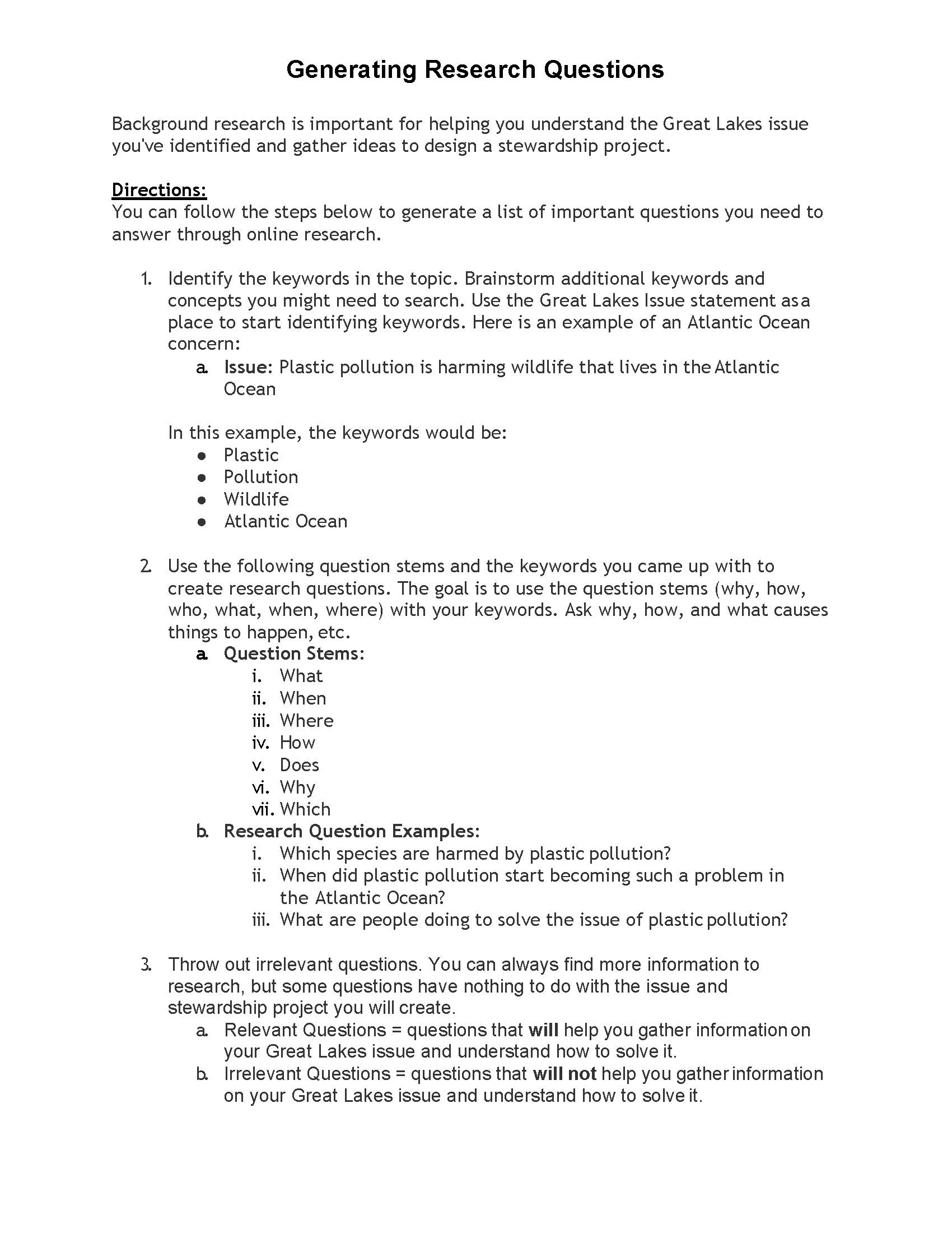 Student page for generating research questions activity